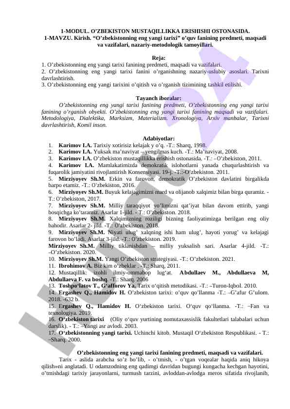 O’zbekistonning eng yangi tarixi fanining asoslari
