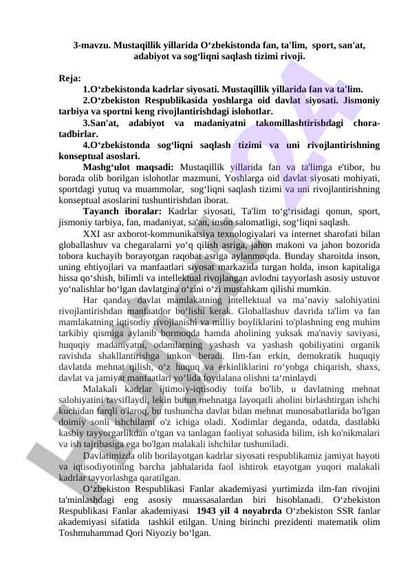 Rivojlanish yillari o‘zbekistonda fan va ta'lim