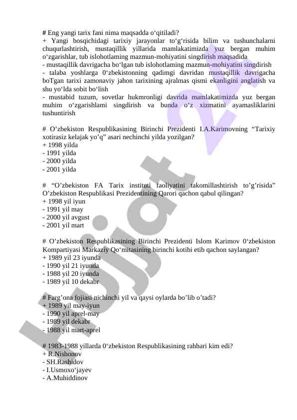 Eng yangi tarix fanining o‘qitilish maqsadi