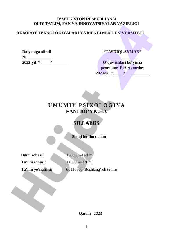 Umumiy psixologiya fani bo‘yicha syllabus