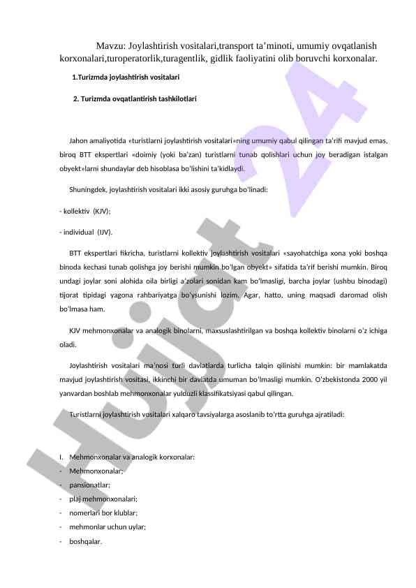 Turizmda joylashtirish vositalari tahlili