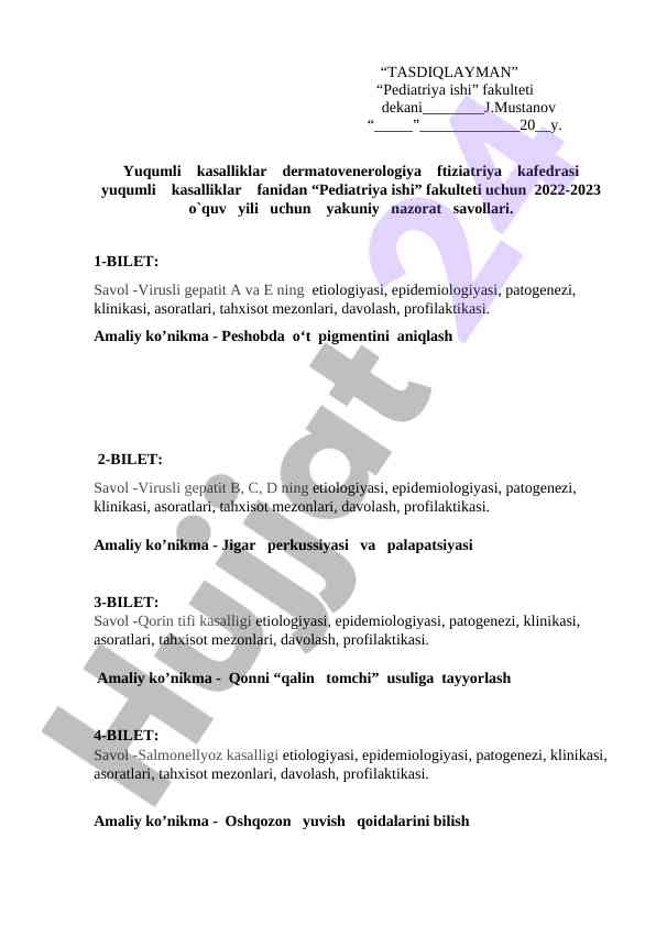 Pediatriya ishi fanidan yakuniy nazorat savollari