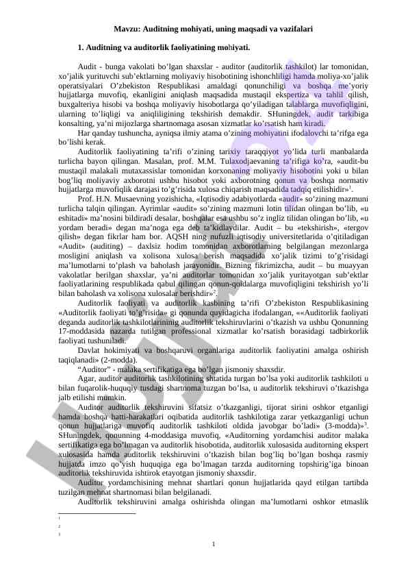 Auditning mohiyati va vazifalari tahlili