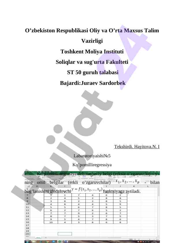 Ko'p omilli regresiya tahlili laboratoriya ishlari