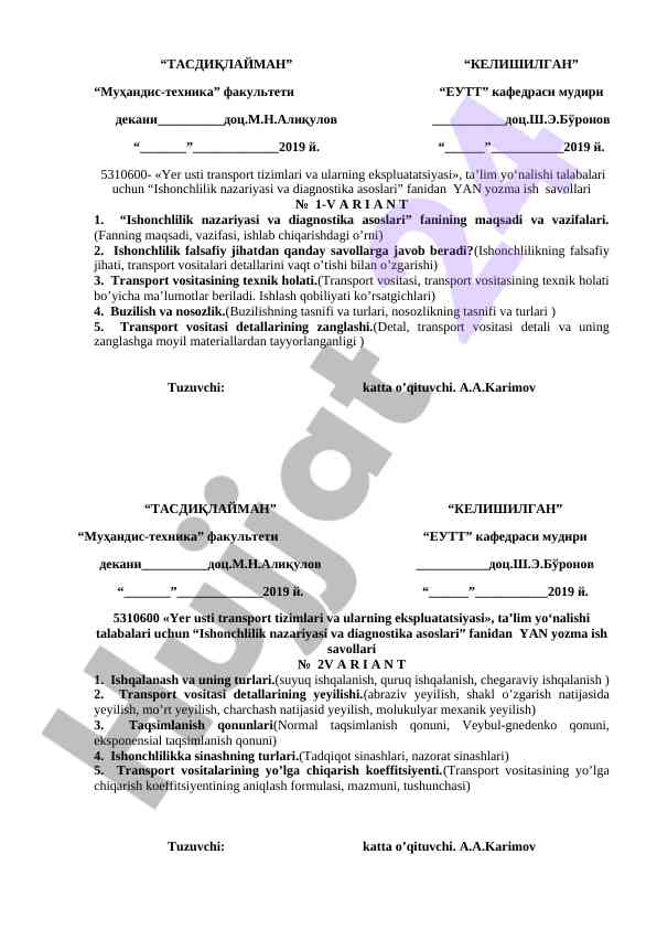 Ishonchlilik nazariyasi va diagnostika asoslari yan savollari