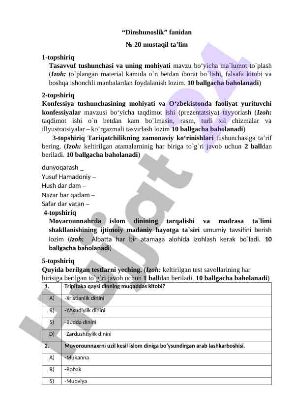Dinshunoslik fanida mustaqil ta'lim topshiriqlari