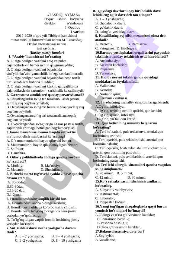 Tibbiyot hamshirasi mutaxassisligi test savollari
