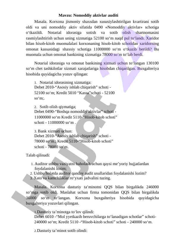 Nomoddiy aktivlar auditi tahlili