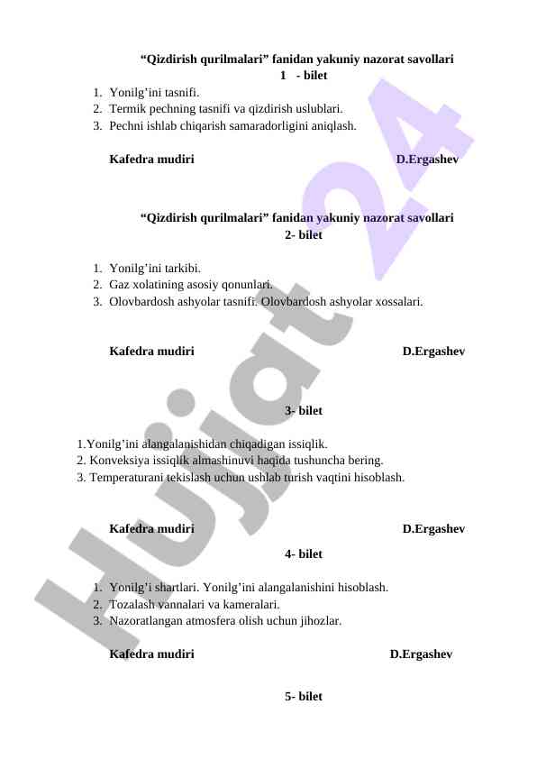 Qizdirish qurilmalari fanidan nazorat savollari