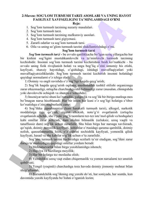 Sog’lom turmush tarzi asoslari va hayot faoliyati