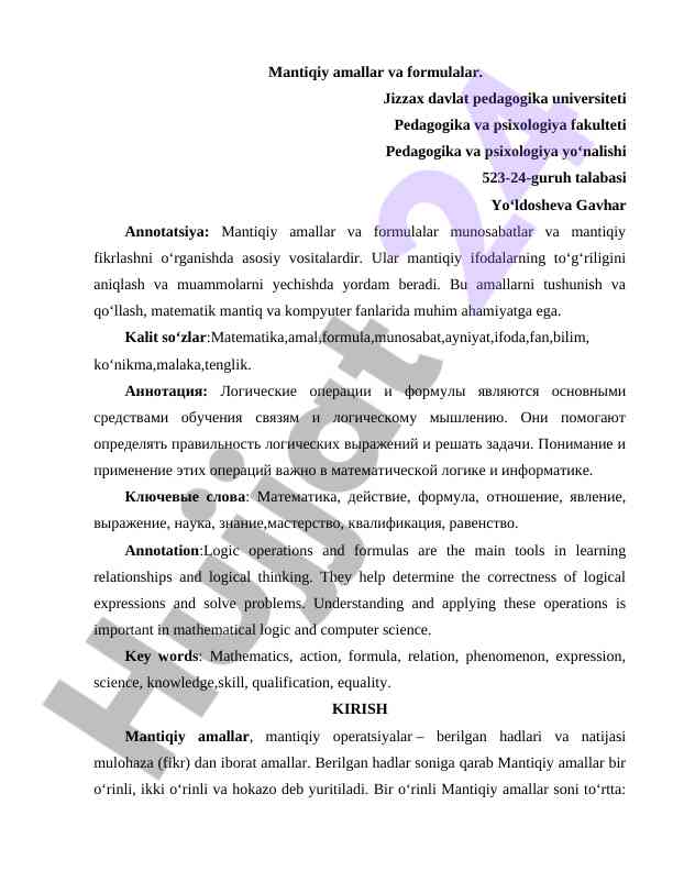 Mantiqiy Amallar Va Formulalar