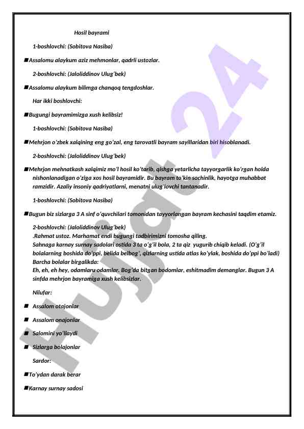 Hosil bayrami: o‘quvchilar taqdimoti