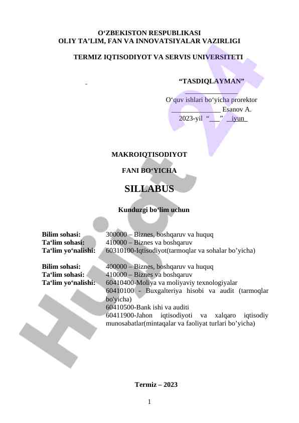Makroiqtisodiyot fani bo‘yicha sillabus