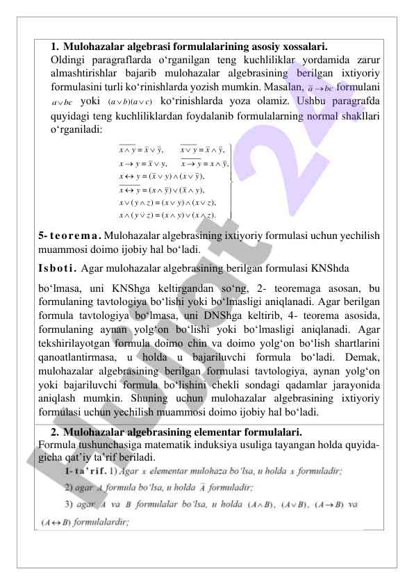 Mulohazalar algebrasi formulalari xossalari