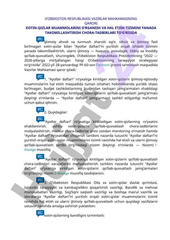 Xotin-qizlar muammolarini hal etish tizimlari