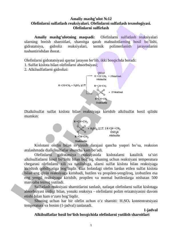 Olefinlarni sulfatlash reaksiyalari texnologiyasi