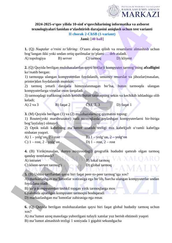 Informatika va axborot texnologiyalari test varianti