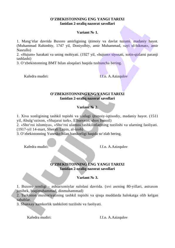 O‘zbekistonning eng yangi tarixi 2-oraliq nazorat savollari