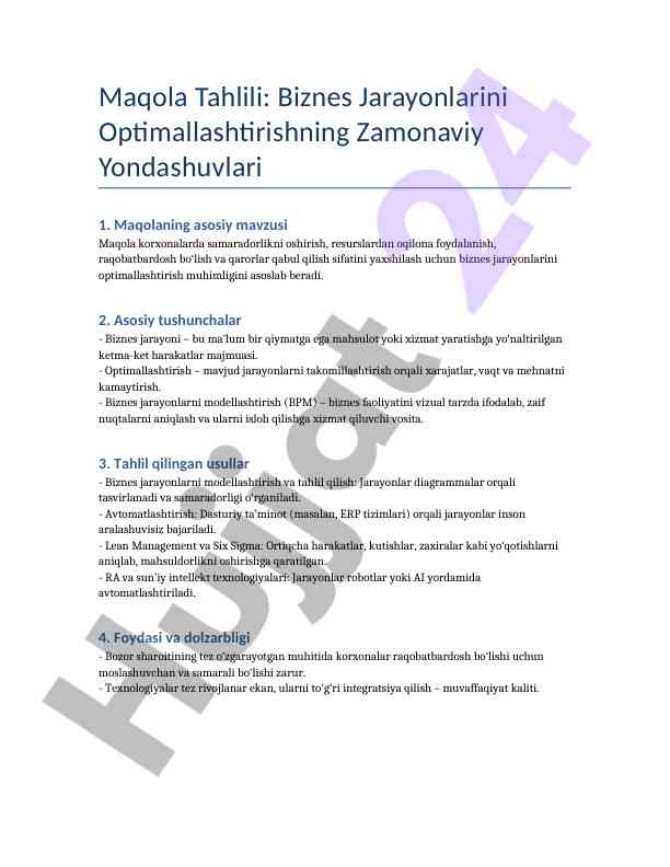 Biznes jarayonlarini optimallashtirish yondashuvlari