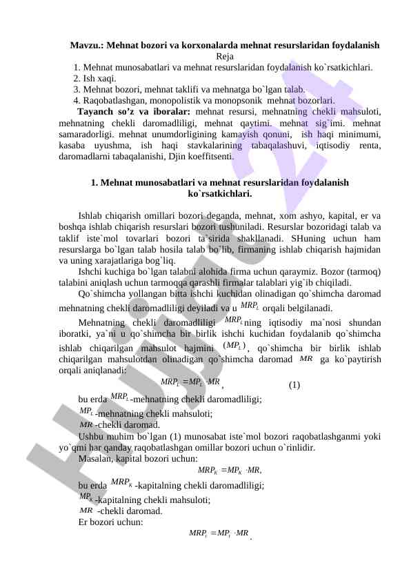 Mehnat bozori va mehnat resurslaridan foydalanish