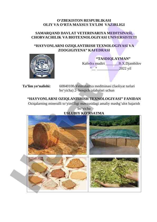 Oziqalarning mineralli to'yimliligi mavzusidagi amaliy mashg'ulot