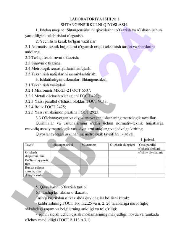 Shtangensirkulni qiyoslash laboratoriya ishlari