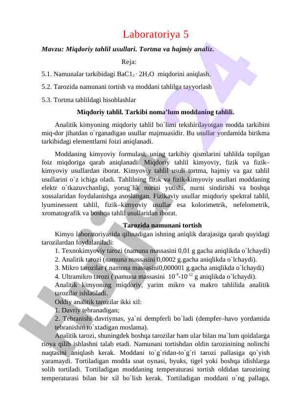 Miqdoriy tahlil usullari va tortma analizi