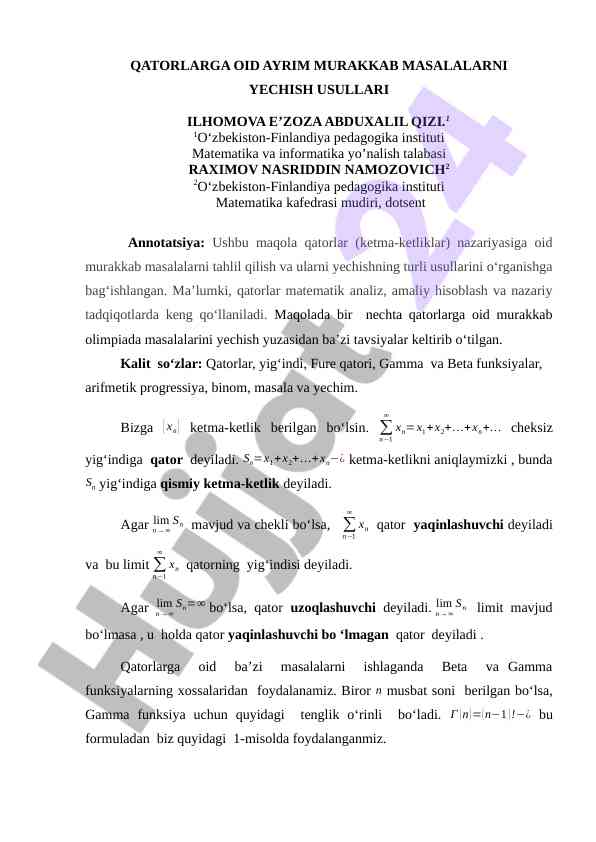 Qatorlar murakkab masalalarni yechish usullari