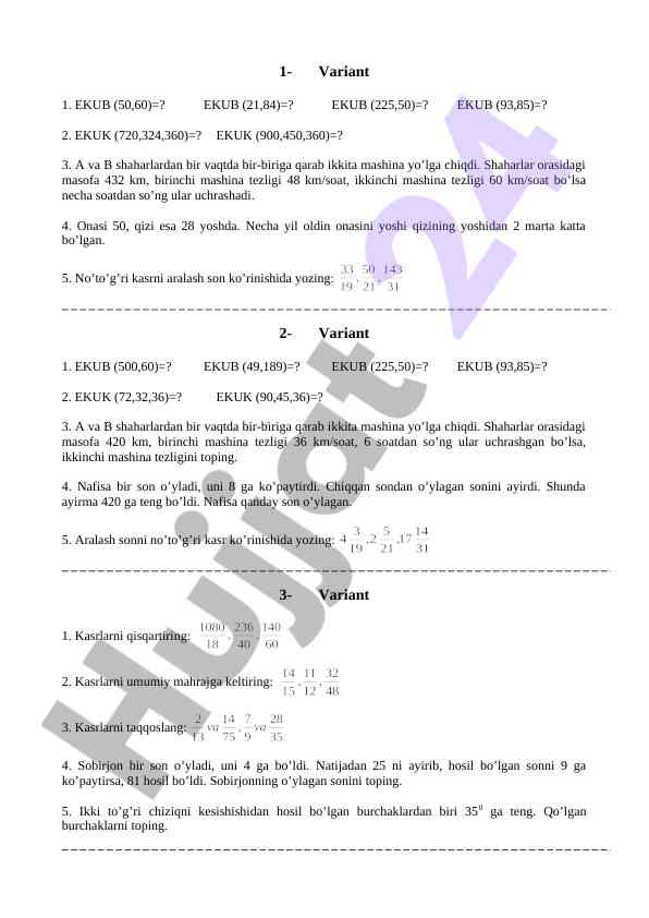 Matematik testlar va masalalar topshiriqlari