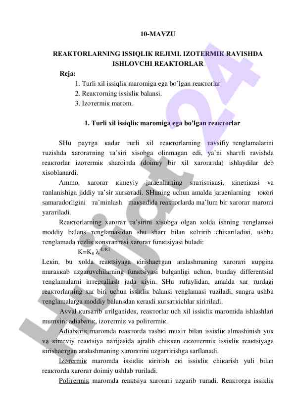 Reaktorlardagi issiqlik rejimi va izotermik ravishta