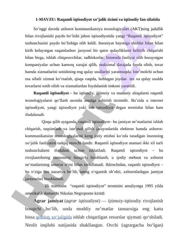 Raqamli iqtisodiyot va xo’jalik tizimi