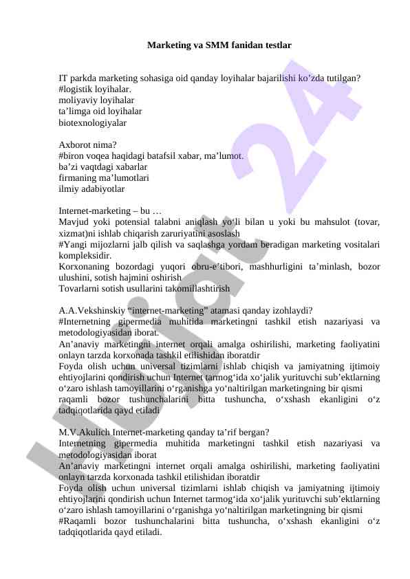 Marketing va smm fanidan testlar