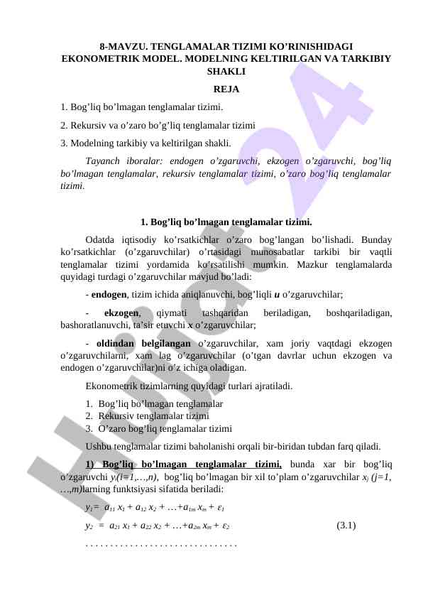Tenglamalar Tizimi Ko’rinishidagi Ekonometrik Model