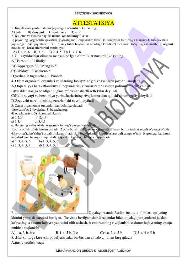 O’simliklar va organlar faoliyati to’g’risida test