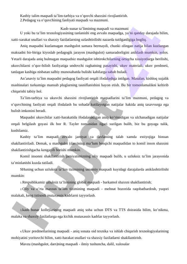 Kasbiy talim maqsadi va ta’lim texnologiyalari