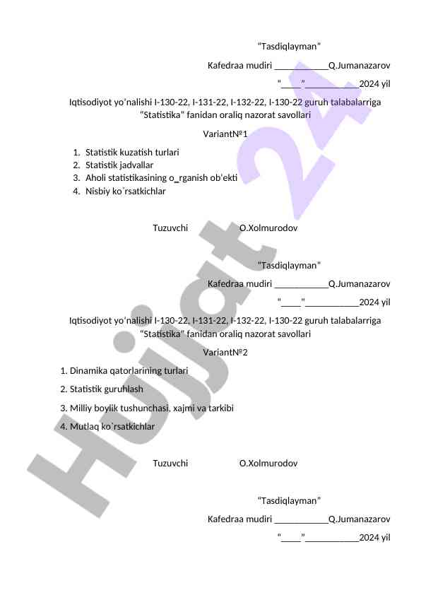 Statistika fanidan oraliq nazorat savollari
