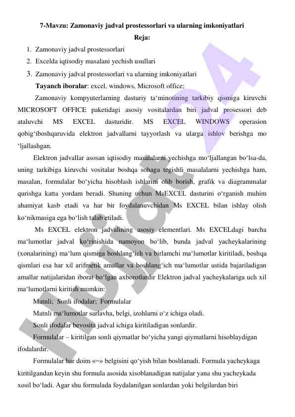 Zamonaviy jadval prostessorlari va ularning imkoniyatlari