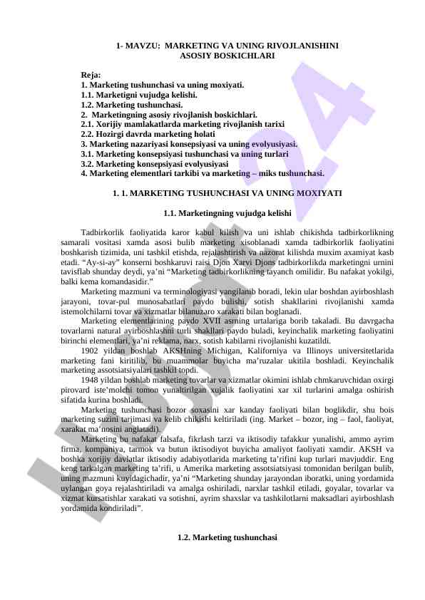 Marketing va uning rivojlanishini asosiy bosqichlari