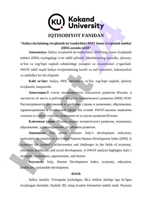 Italiya davlatining rivojlanish ko‘rsatkichlari tahlili