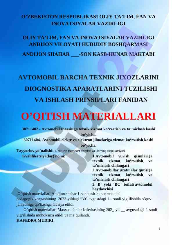 Avtomobil texnik jixozlari diognostika o‘qitish materiallari