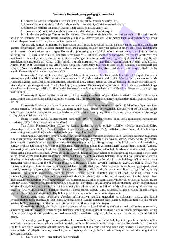 Yan amos komenskiy va uning pedagogik qarashlari