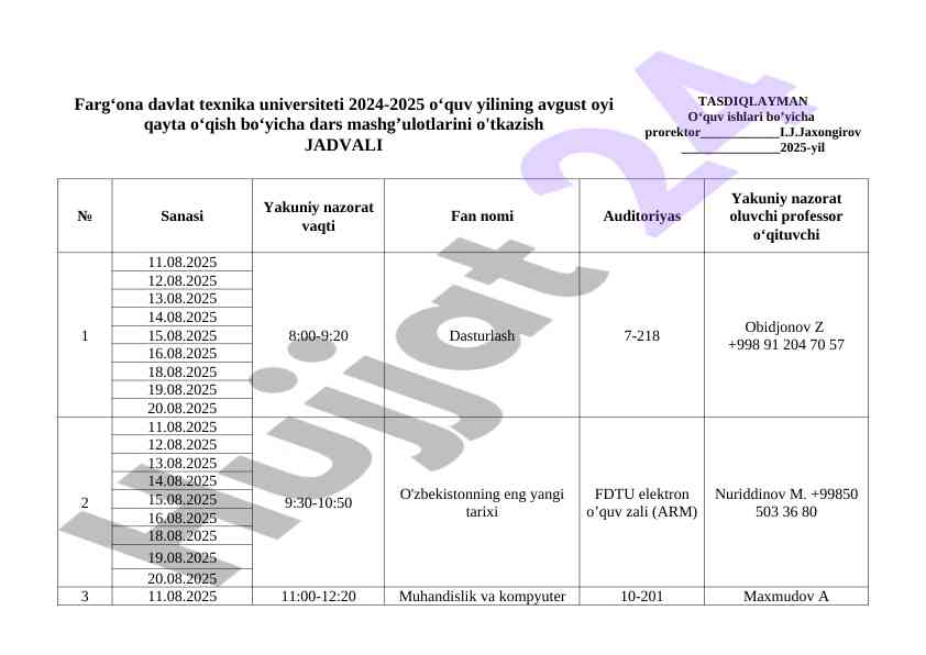 Farg‘ona davlat texnika universiteti dars jadvali 2024-2025