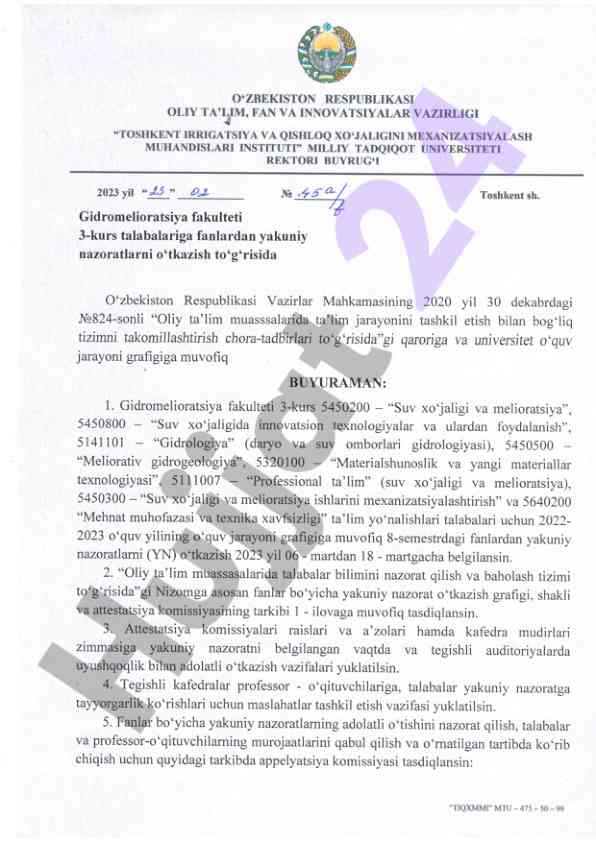 Gidromelioratsiya fakulteti yakuniy nazorat talablari