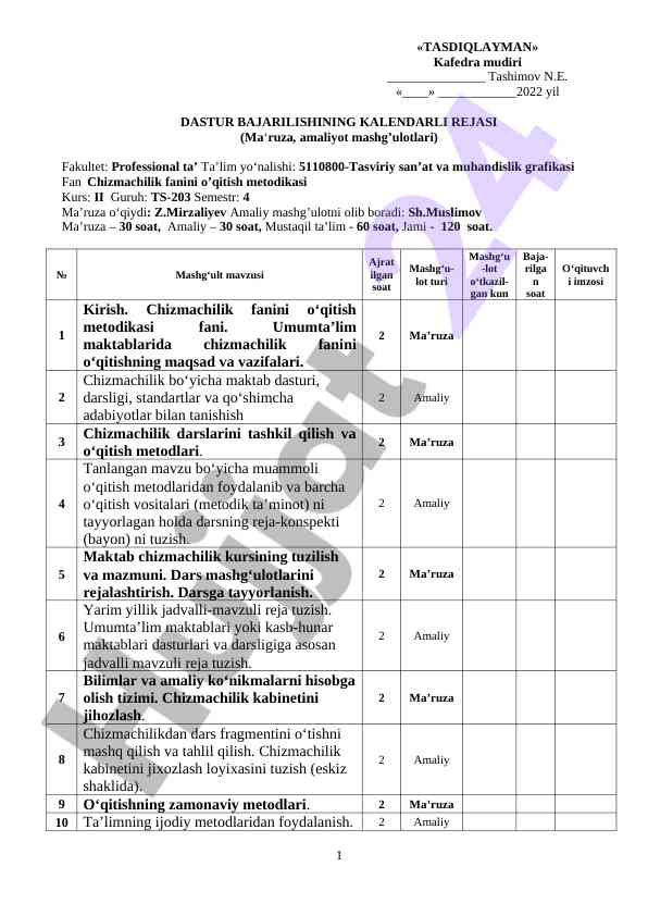 Kalendarlı reja dastur bajarilishining o‘qitish metodikasi