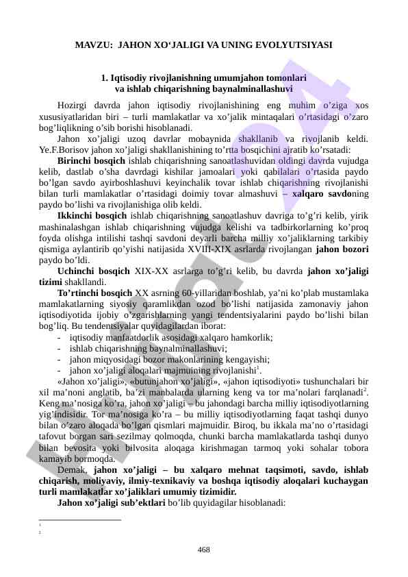 Jahon iqtisodiy rivojlanishi va evolyutsiyasi