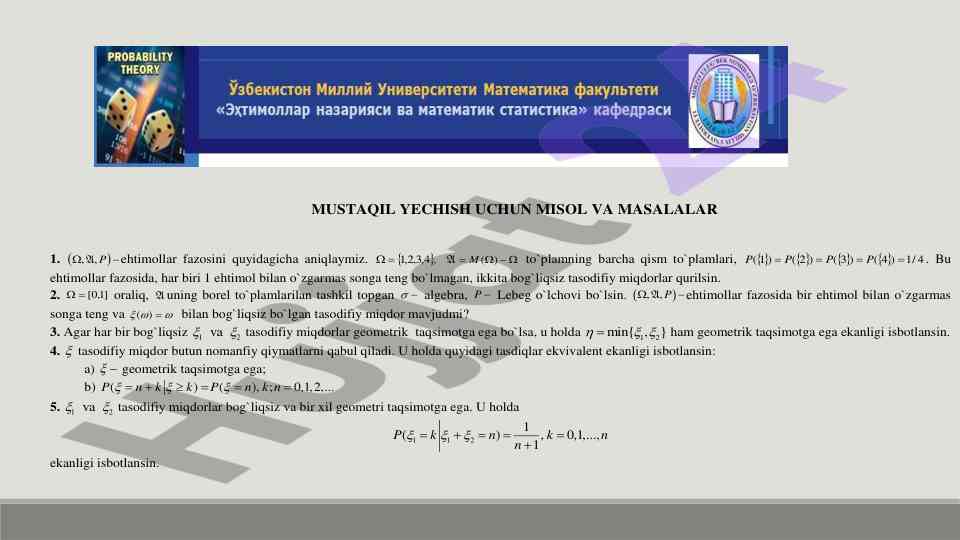 Mustaqil yechish uchun misol va masalalar