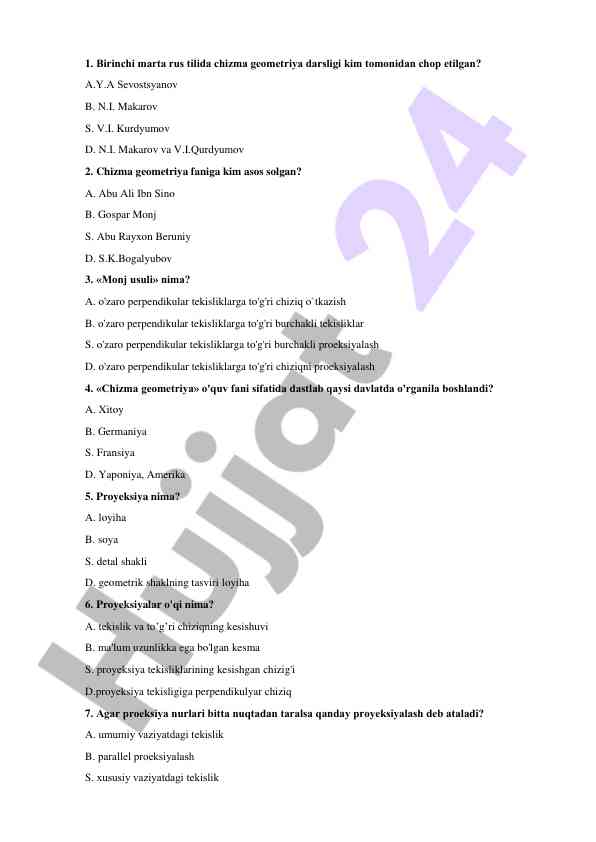 Chizma geometriya faniga oid test savollari