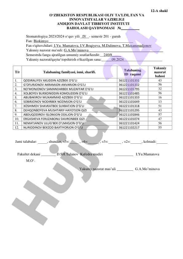 Stomatologiya biokimyo nazorati 2023/2024