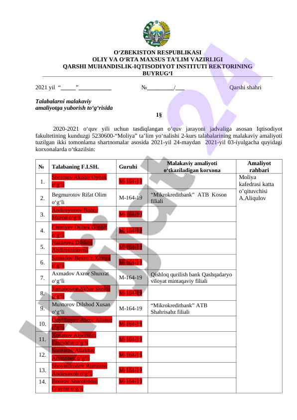 Malakaviy amaliyotga yuborish tartibi bo‘yicha buyruq