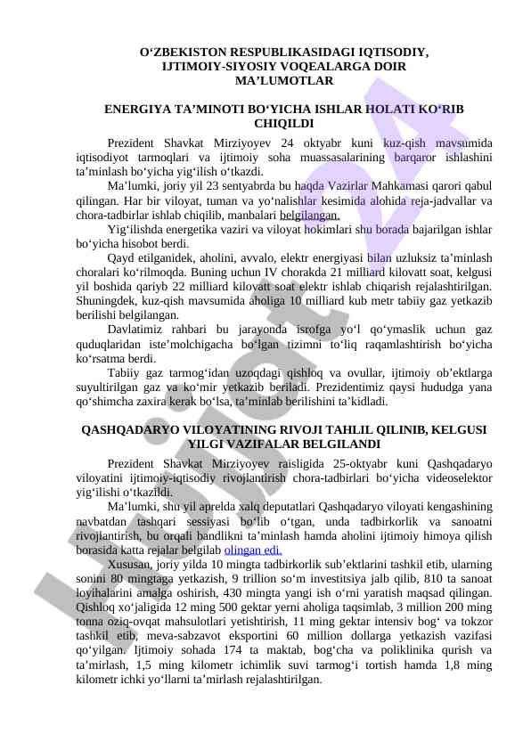 O‘zbekiston energiya ta’minoti haqida ma’lumotlar